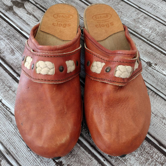 Dr. Scholl's | RARE Vintage Orange-Red Leather Studded Wooden Clogs Cotton Braid - Picture 6 of 16